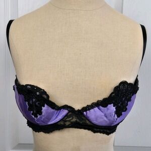 Frederick's Of Hollywood Vtg Lace Bra Bralette Size 36 Purple Black Lingerie USA